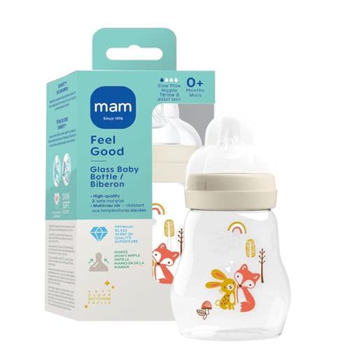 MAM 6oz Feel Good Pure Glass Anti-Colic Wide Neck Baby Bottle, Slow Flow Skin Soft Silicone Nipple, Easy to Clean, BPA Free, 0+ Months, Easy Switch Between Breast & Bottle, Made in Europe, 1 Pack