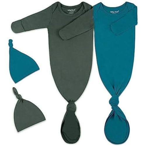 2Pack Knotted Gown Baby, Super Soft Long Sleeve Newborn Hospital Outfit Boy Girl Coming Home, Built-In Mittens Clothes