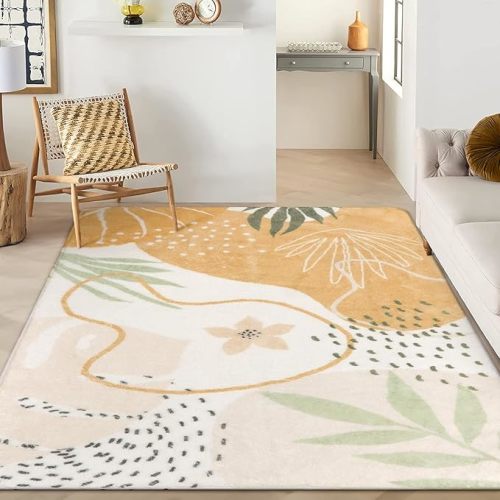 Lahome Boho Rugs for Living Room 9x6 - Washable Non-Slip Backing Large Carpet Ultra-Thin Throw Soft Bedroom Area Rug,Taupe Botanical Print Ultra-Thin Rug for Classroom Nursery Dining Room Farmhouse