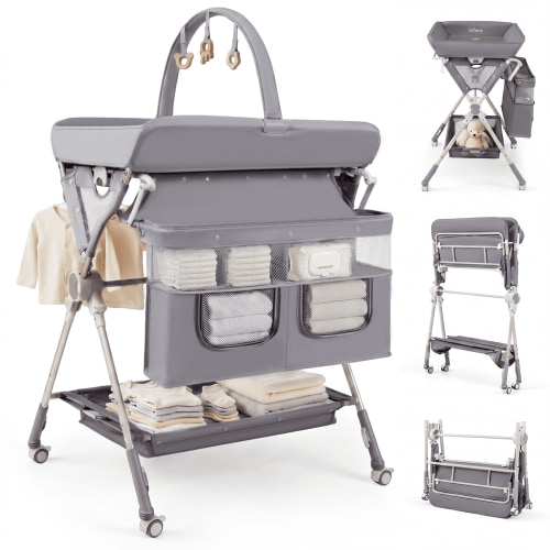 INFANS Portable Baby Changing Table with Wheels, Foldable Diaper Changing Station with Adjustable Heights, Large Organizer Storage for Newborn Infant