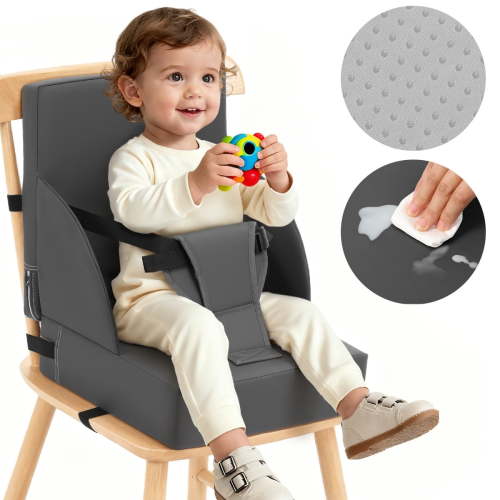 Toddler Booster Seat for Dining Table, Caveen Waterproof Booster Seat for Kitchen Chair , with Adjustable Straps and Non-Slip Bottom, Portable Increasing Cushion for Toddlers, Grey