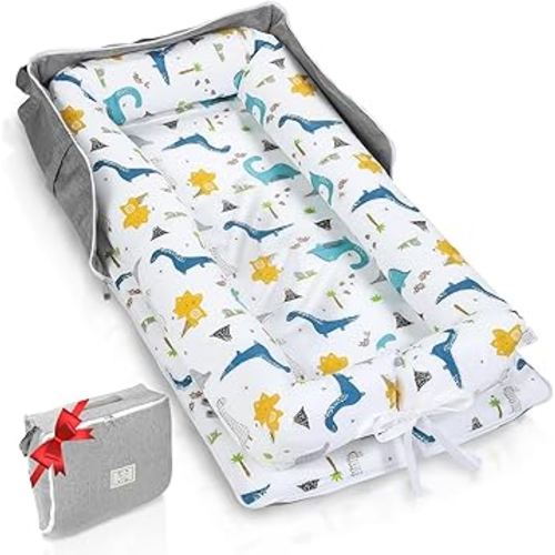 Baby Lounger for Newborn to Toddler 0-24 Months - Portable Infant Lounger with Breathable Cotton, Adjustable Size & Lengthen Space Travel Strap for Home, Outdoor (2. Dinosaur)