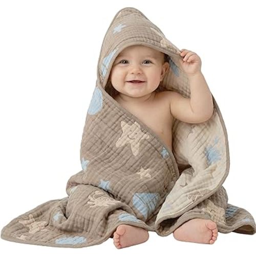 Ultra-Soft Muslin Baby Hooded Towel - 32 x 32 Inches, Ideal for Bath & Beach, Suitable for Both Boys & Girls from Newborns to Toddlers（Ocean Coffee