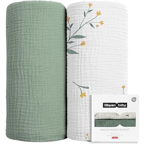 GLLQUEN BABY 2-Pack Muslin Swaddle Blankets for Unisex, Baby Swaddle Blanket for Boys and Girls, Soft Breathable Receiving Blankets Neutral, Newborn Essentials, Registry & Gift