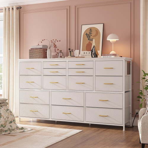 EnHomee Wide Dresser with 16 Drawers TV Stand with Power Outlet White Dresser for Bedroom Fabric Dresser TV Stands for living Room/Bedroom,51.1"W*11.8"D*34.8"H