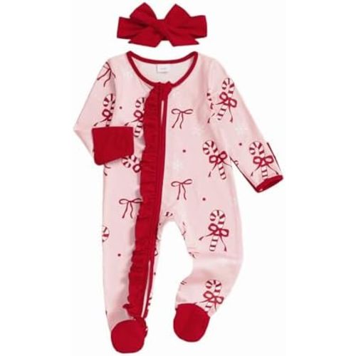 My First Christmas Baby Girl Outfit Newborn Bow Footie Jumpsuit Ruffle Zipper Romper Infant Coming Home Xmas Clothes