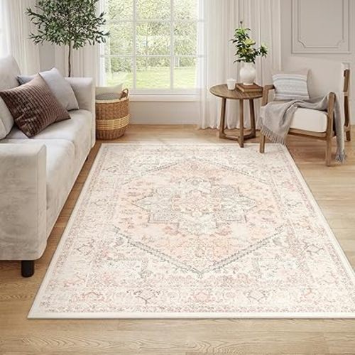 LIVEBOX Large Vintage Area Rug 6x9 - Washable Retro Tribal Pink Rug for Living Room, Soft Boho Anti-Skid Carpet Low-Pile Stain Resistant Floral Rug for Girl Room Dining Room Office