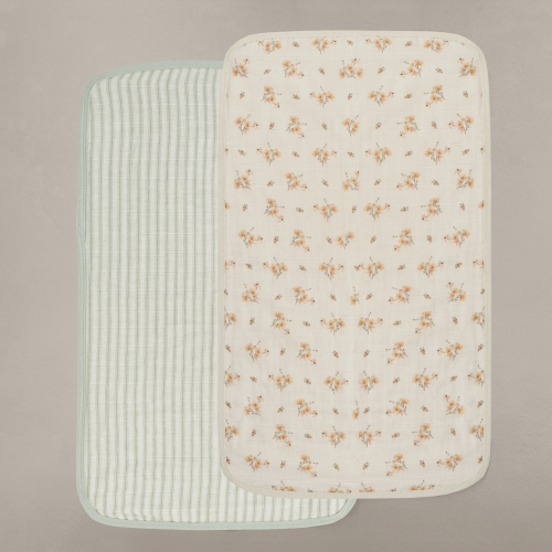 'Dainty Floral' & 'Sea Moss' Sage Green Stripe - Muslin Burp Cloth 2-Pack