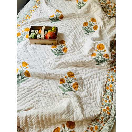 Block Print Cotton Quilt | Reversible Floral Blanket | Soft Summer Quilt |Jaipuri Bedspread | White and Orange Quilt | All Season Quilt