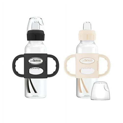 Dr. Brown’s Milestones Narrow Transitional Sippy Bottle with Silicone Handles 8oz 250mL 6m+ Black and Ecru 2-Pack