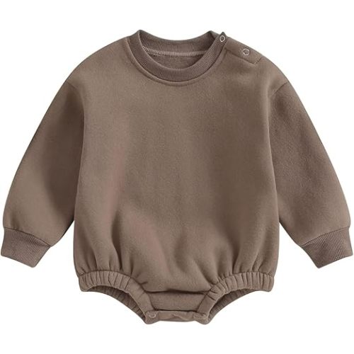 Baby Boy Girl Fleece Sweatshirt Romper Solid Color Long Sleeve Sweater Bubble Onesie Warm Fall Winter Clothes - Brown - 0-3 Months