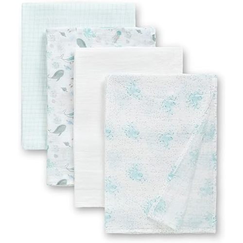 Delta Children 100% Cotton Muslin Baby Receiving Blankets for Girls and Boys – 47x47 Inches (Pack of 4), Sea Life