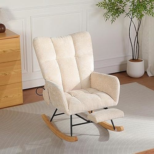 Rocking Chair Nursery with Footrest, Comfy Modern Nursery Rocking Reading Chair indoor, Cozy Upholstered Glider Rocker Chairs for Living Room Bedroom Offices, Sillas Mecedoras(Chenille, Beige)