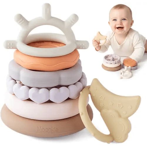 Moonkie Stacks of Circles Soft Teething Toy | Educational Learning Baby Toy | Stacking Ring Toys for Babies Boy and Girl | 7 Piece Teethers Set (Nature)
