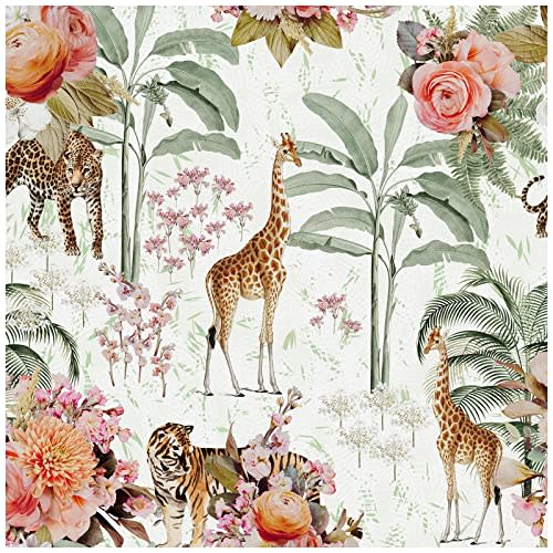 HAOKHOME Forest Peel and Stick Floral Wallpaper Jungle Animal Removable White/Green/Pink Vinyl Self Adhesive Mural 17.7in x 9.8ft