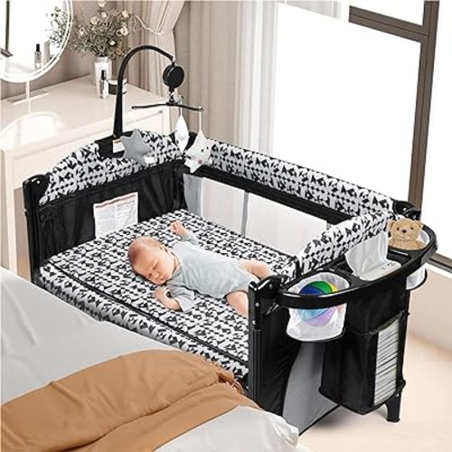 Xilingol 5-in-1 Baby Bassinet Bedside Sleeper, Baby Pack and Play with Changing Table, Portable Baby Crib with Carry Bag, Cosleeper Bassinet Attach to Bed for Newborn to Toddlers