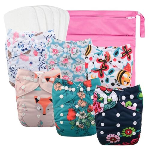 babygoal Reusable Cloth Diapers for Girls, Adjustable Washable Nappy 6pcs+ 6pcs Microfiber Inserts+One Wet Bag 6YDG08