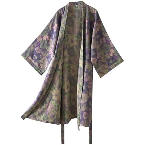 Purefair 100% Cotton Gauze Ginkgo Leaf Kimono Robe, Long Knit Loose Bathrobe Nightgown Ladies Loungewear Sleepwear for Women