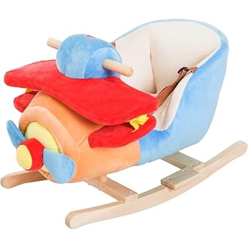 Qaba Kids Rocking Horse, Wooden Plush Ride-on Plane Chair Toy with Lullby Song and Seat Belt for 18 Month +