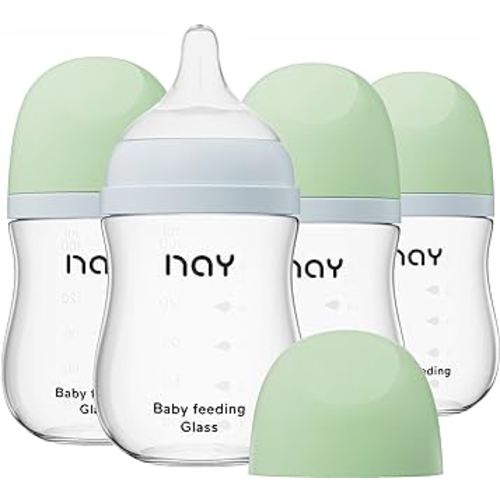 Natural Glass Baby Bottle Wide Neck, Anti-Colic Baby Bottle, Clear, 5.4oz(Pack of 4), Includes 4Pcs Slow Flow Nipple(S), 1 Months+
