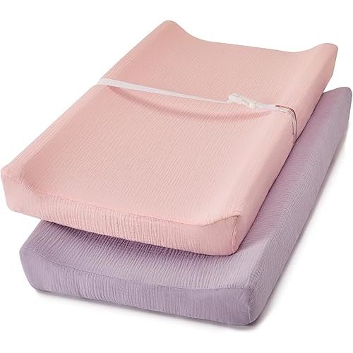 TILLYOU Muslin Changing Pad Cover Set 2 Pack - Soft and Breathable Baby Diaper Changing Table Pad Cover, Light Purple&Light Pink, 32"x16"