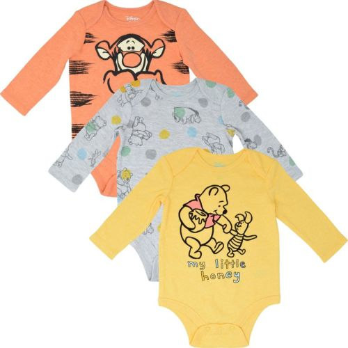Disney Winnie the Pooh Tigger Eeyore Newborn Baby Boys 3 Pack Long Sleeve Bodysuits Yellow/Orange/Gray Newborn