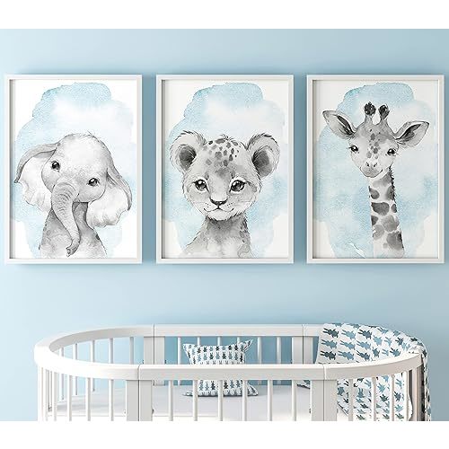 Safari Animals Baby Boys Nursery Set of 3 Unframed Wall Art Prints, Gray Baby Animals with Blue Watercolor Style Splash, Elephant Lion Giraffe, Child Bedroom Nursery Decor Posters (8x10)