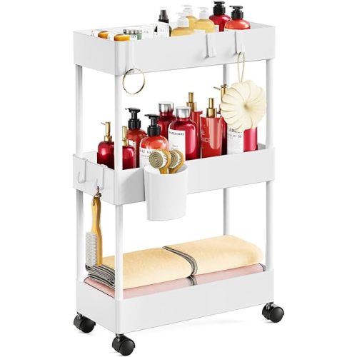 Pipishell Slim Storage Cart with Wheels, Bathroom Cart Organizer Small, Rolling Cart for Bathroom, Laundry Room, Kitchen, Narrow Space, White PIUC04W, 7.08/''D X 15.7/''W X 25.2/''H