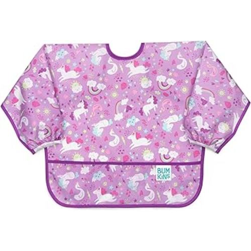Bumkins Sleeved Bib for Girl or Boy, Baby and Toddler for 6-24 Mos Essential Must Have for Eating, Feeding, Baby-Led Weaning Supplies, Long Sleeve Mess Saving Food Catcher, Soft Fabric, Unicorn Purple