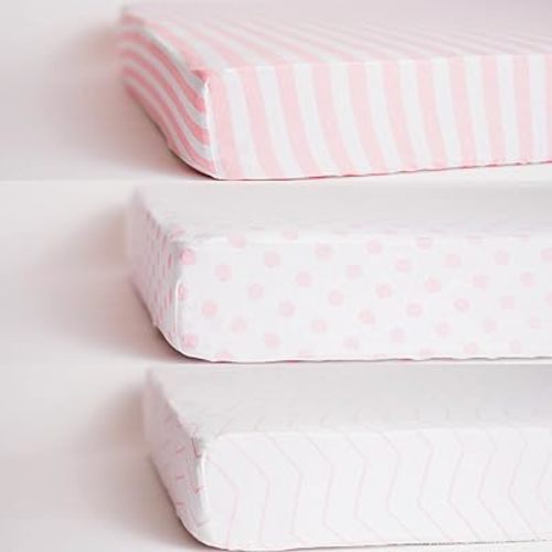 3 Fitted Crib Sheets Pink Set for Baby Girl - 100% Oeko-TEX Cotton Nursery Bedding - Pink/White Chevron, Polka Dot, and Stripe - for Standard Baby or Toddler Crib Mattress 28”x52”x9” Sheet