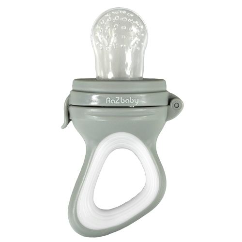 RaZbaby Baby Solids/Frozen Fruit Feeder Pacifier, Infant Teether Toy 6M+, BPA-Free Silicone Pouch & Nipple, Safely Introduce Solids, Natural Teething Relief, Dishwasher Safe, Freezable – Grey/White