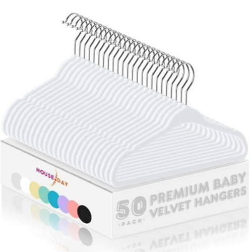 HOUSE DAY 50 Pack Velvet Kids Hangers 11'' Inch Baby Felt Hangers Space-Saving Thin Design Baby to Toddler Clothes Organizer, White