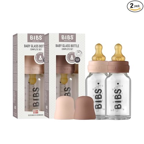 Bibs Baby Glass Bottle | Newborn Anti-Colic Baby Borosilicate Glass Bottles | Natural Vented Round Natural Rubber Latex Nipple | Consistent Flow Rate | 3.7 oz/110 ml | 2 Pack | Blush/Woodchuck