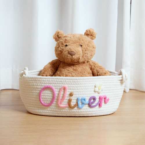 Personalized Baby Basket,Handmade Baby Gift Basket with Name,Rope Cotton Baby Basket,Home Storage Basket,Baby Toys Basket,Baby Shower Gift