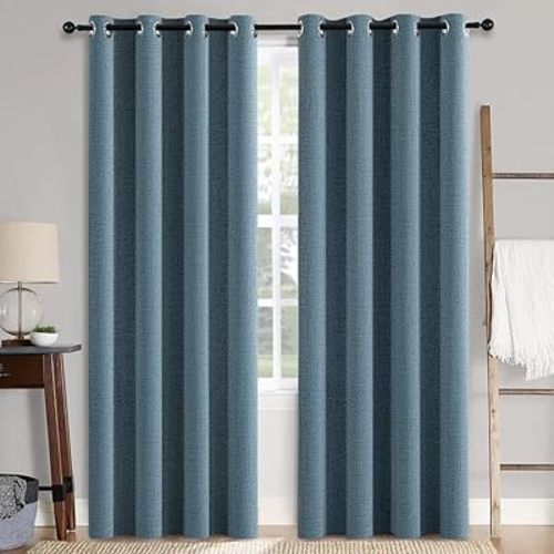 MIULEE Linen Texture Curtains for Bedroom Solid 100% Blackout Thermal Insulated Dusty Blue Curtains Grommet Room Darkening Drapes Luxury Decor for Living Room Nursery 52x84 Inch (2 Panels)