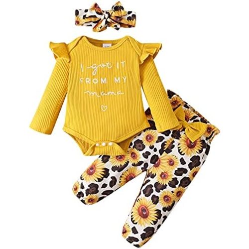 DISAUR Baby Girls Clothes Newborn Infant Baby Girls Outfit Long Sleeve Ruffle Romper Floral Pants Headband Sets 0-18 Months