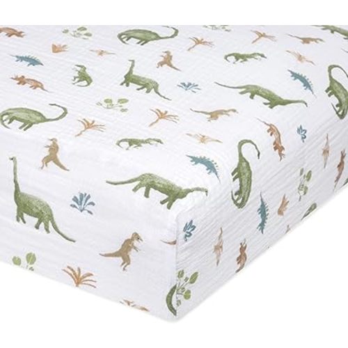 aden + anais Essentials Classic Crib Sheet, 100% Cotton Muslin, Super Soft & Breathable, Tailored Snug Fit, Dino Jungle