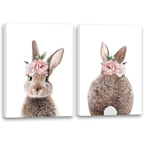 Mokihidream Girls Nursery Wall Art Bunny Rabbit with Pink Flower Crown Canvas Print Wall Decor Woodland Animal Posters Kids Room Set of 2 Bedroom Decoration Bunny Rabbit Pictures Framed Wall Art