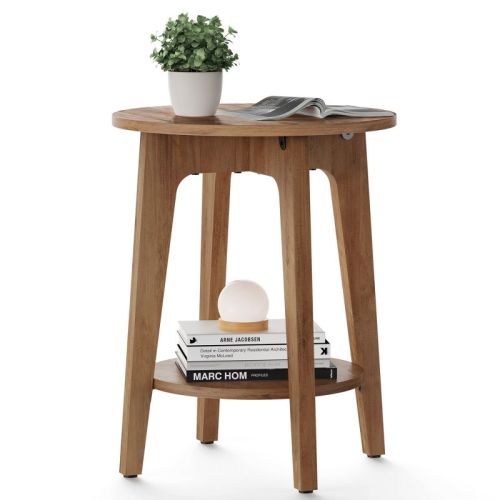 Round Side Table with Lower Shelf, End Table for Small Spaces, Nightstand