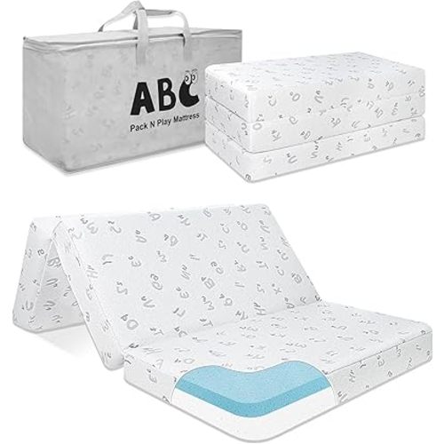 Trifold Pack and Play Mattress, 38"x26" Memory Foam Dual-Sided Pack N Play Mattresses for Baby Toddler, Foldable Portable Travel Crib Mattress for Pack N Play, Alphabet