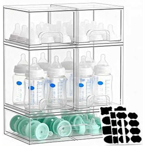 Stackable Storage Drawers Set of 5, Baby Bottle Organizer, Clear Multipurpose Storage for Countertop - Organize Kitchen, Vanity, Bathroom Cabinet & Pantry Supplies