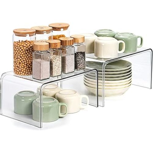 Clear Cabinet Organizer, Shelf Organizer Set of 2 for Kitchen Pantry Organizers and Storage, Display Cabinet Shelf Room Decor Countertop Desk Shelves, Patented Spice Organization for Cabinet
