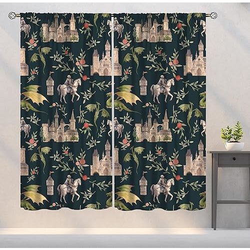 Dragon Curtains, Magical Medieval Castle Dragon Knights and Floral Pattern Window Treatments, Fairy Tale Print Blackout Drapes 2 Panel Set for Living Room Bedroom Kitchen21 W X 63"" L, Style-4