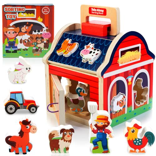 Farm Animals Toys for 1 2 3 Year Old Girls Boys, Wooden Take-Along Sorting Barn Toy with Door, Shape Sorter Wooden Blocks Baby Montessori Learning Toys, Christmas Birthday Gifts for Toddlers 1-3