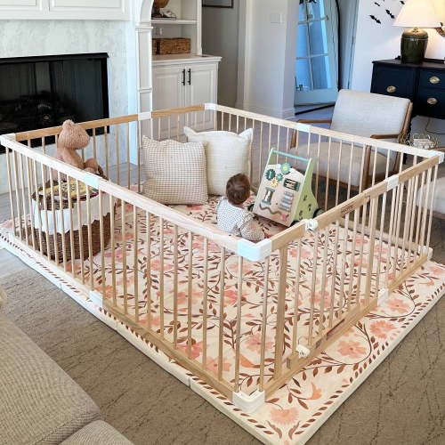 "HARPPA Wooden Baby Playpen, Adjustable Safe Kids Fence with Secure Lock, 60""x71.5""x24"
