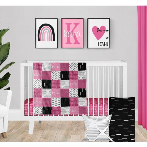 Pink Crib Bedding Set: Modern Black & White Nursery Decor, Custom Name
