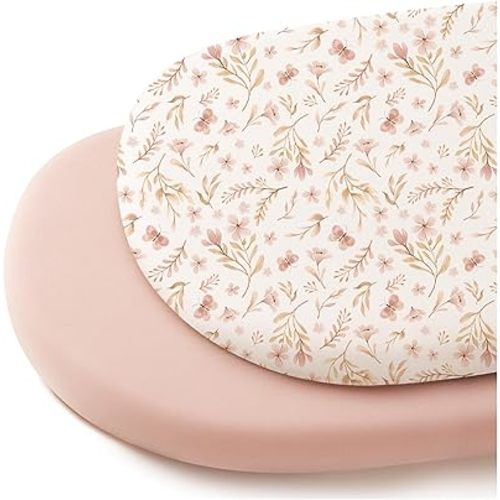 Konssy 2 Pack Stretchy Bassinet Sheets for Baby Girl Boy, Soft Breathable Baby Bassinet Mattress Sheets Fit for Hourglass Oval Cradle, Moses Basket Rectangle Mattress (Pink Spring,Pink)