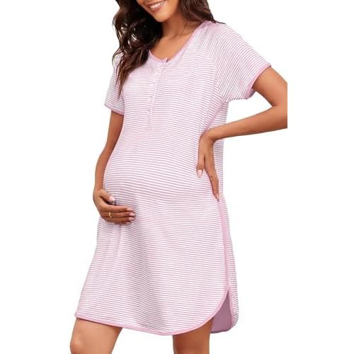 Stripe Maternity Nursing Nightgowns Women Buttons Pregnancy Short Sleeve Nightdress Soft Side Split Loungewear Pjs