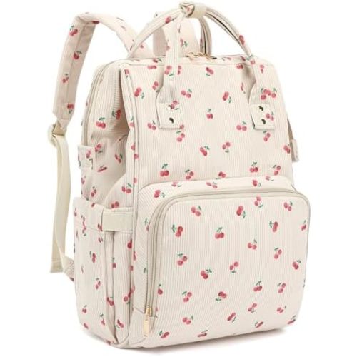 Corduroy Diaper Bag Backpack for Women, Large Capacity Baby Bag for Mom and Girls Boys with Stroller Straps (Cherry)