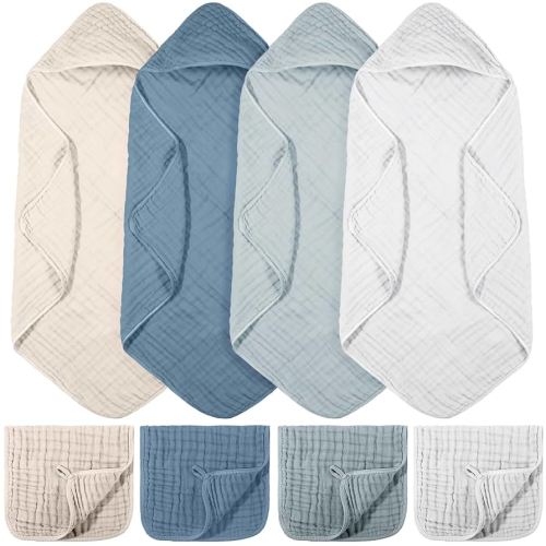 8 Pcs Baby Muslin Hooded Bath Towels and Washcloths, 32 x 32 Inch Muslin Cotton Hooded Baby Towels Absorbent Hooded Blankets for Gift Newborn Infant Shower (Blue,White)